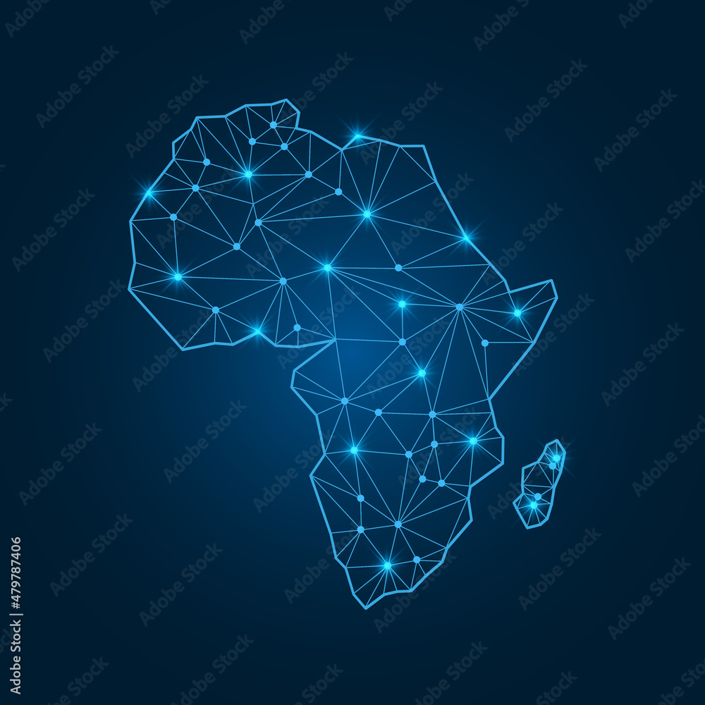 Poster africa map with polygonal glowing shapes. world map linear continent with lighting dots. africa map 