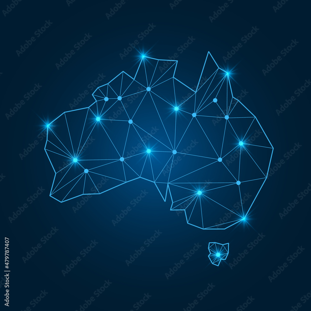 Poster australia map with polygonal glowing shapes. world map linear continent with lighting dots. australi