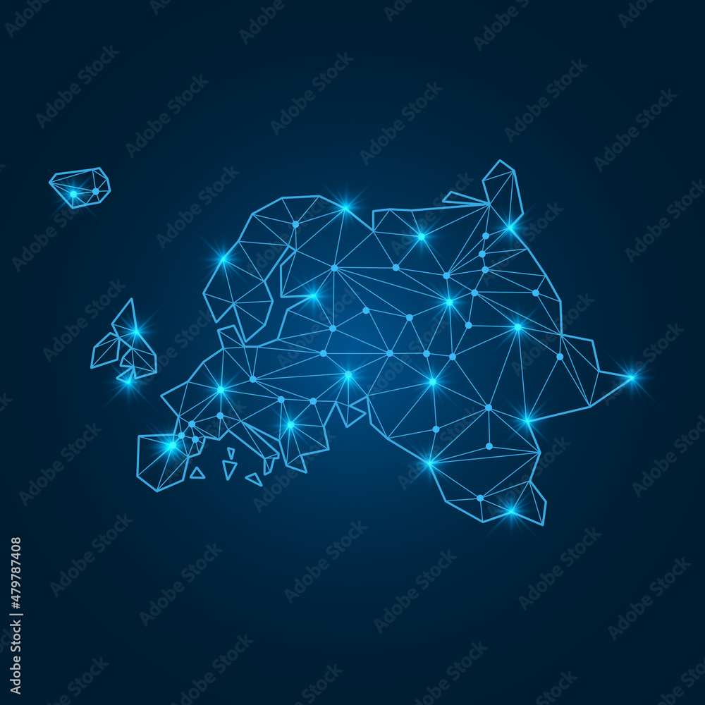 Poster europe map with polygonal glowing shapes. world map linear continent with lighting dots. europe cont