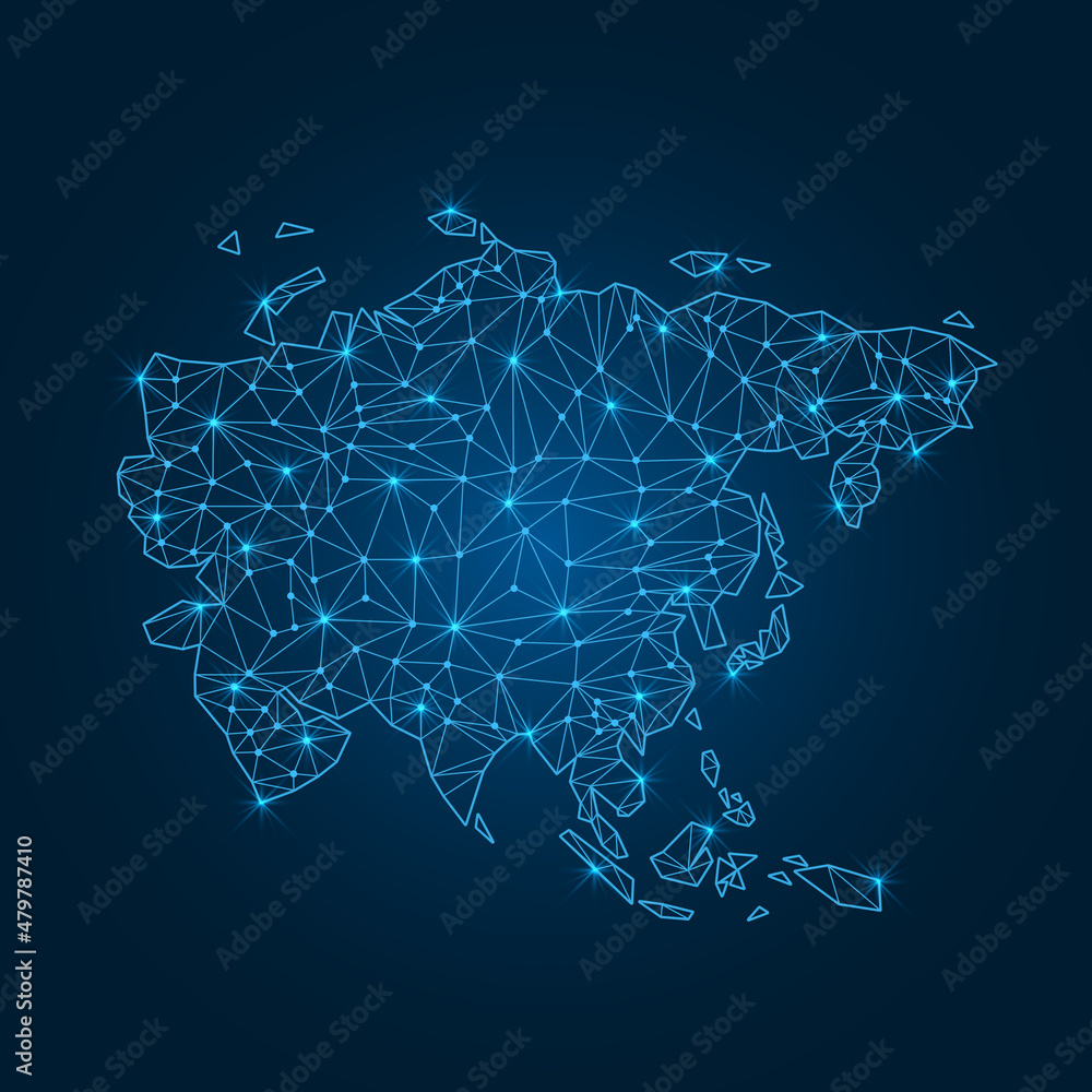 Poster asia map with polygonal glowing shapes. world map linear continent with lighting dots. asia continen