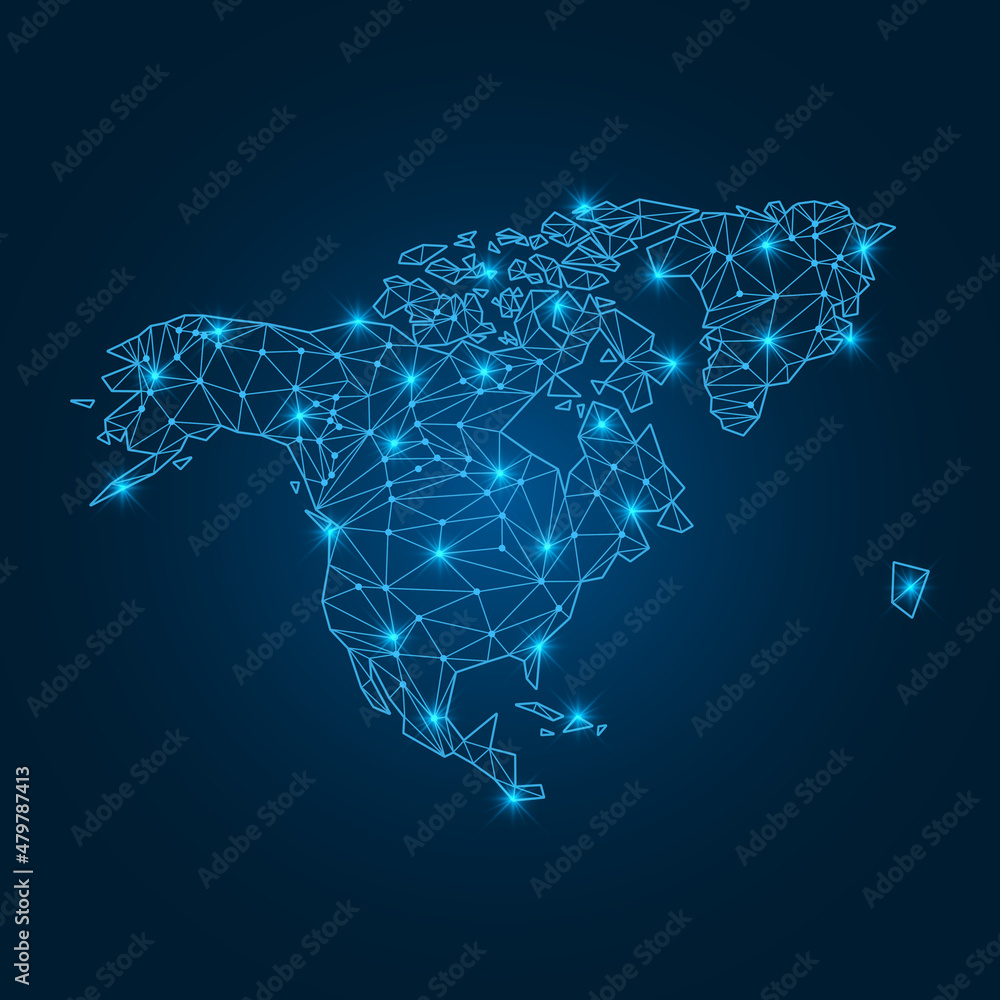Poster north america map with polygonal glowing shapes. world map linear continent with lighting dots. nort