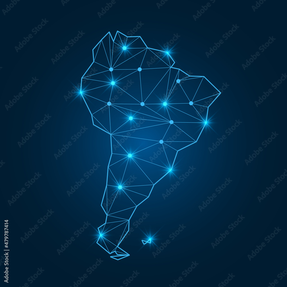 Poster south america map with polygonal glowing shapes. world map linear continent with lighting dots. sout