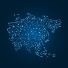 Asia map with polygonal glowing shapes. World map linear continent with lighting dots. Asia continent with triangular line elements. Vector isolated on blue gradient background. 