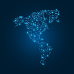 North and South America map with polygonal glowing shapes. North and South America continent with triangular line elements and lighting dots. Vector isolated on blue gradient background. 