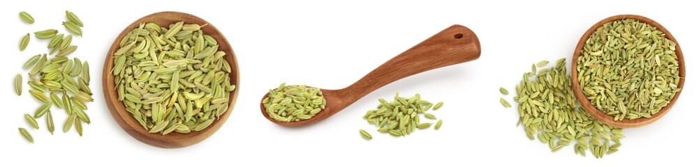 Dried fennel seeds isolated on white background with clipping path. Top view. Flat lay. Set or collection