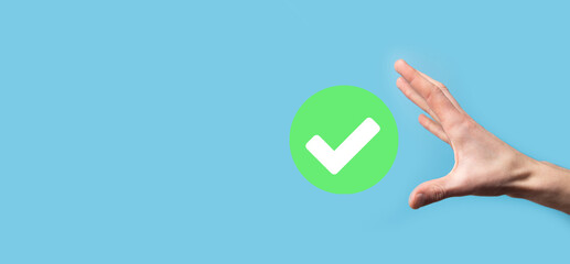 Hand holds green icon Check mark,Check Mark Sign, Tick Icon,right sign,circle green checkmark...