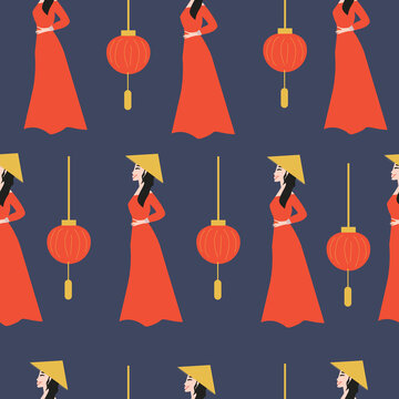 Seamless pattern of East Asian elements like Vietnamese girl in a Vietnamese hat and paper lamp of South East Asian design. Vector illustration