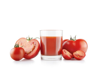 Glass of tomato juice and tomatoes on a white background
