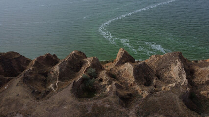 Top view from clay mountains and rocks near the Dnieper estuary. Stanislav, Grand Canyon of Kherson region. Ukraine. 