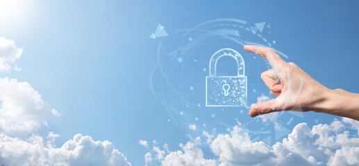 Cyber security network. Padlock icon and internet technology networking. Businessman protecting data personal information,virtual interface. Data protection privacy concept. GDPR. EU.digital crime