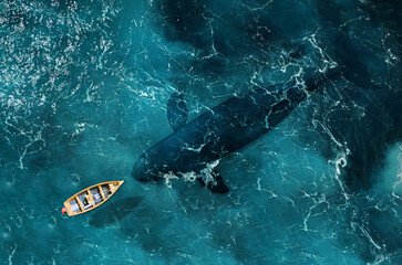 Boat floats next to a big fish, a whale.