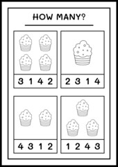 How many Cup Cake, game for children. Vector illustration, printable worksheet