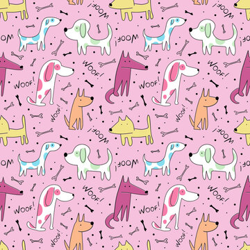 Hand drawn nice dogs seamless pattern for textile, wallpaper, prints, fabric, clothes for children. Vector illustration.
