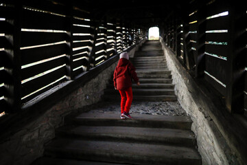 Little girl walks up the famous Covered Stairway (Scara acoperita) or The Scholars' Stairs, that...