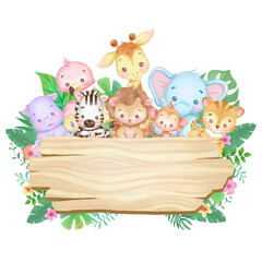 Cute baby animals on a  blank wood board. Watercolor and vector illustration.