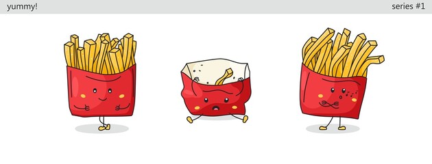 Three pack of French fries. Set of cute kawaii characters. Funny cartoon fast food icons in different situations. Vector comic style graphics