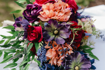 Multicolor wedding flower bouquet Beautiful blossoming flowers roses hydrangeas carnations Eustoma Close up Bridal bouquet