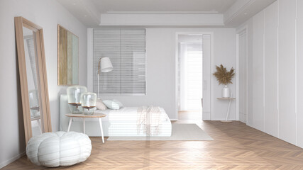 Modern bright minimalist bedroom in beige tones, double bed with pillows and blankets, parquet, bedside tables with lamps and door over bathroom, carpet and decors, interior design