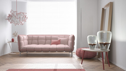 Modern bright minimalist living room in red tones, soft sofa with pillows and pouf, parquet, wooden tables with lamps,big window, carpet and decors, interior design idea