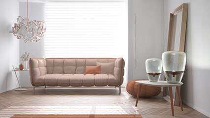 Modern bright minimalist living room in orange tones, soft sofa with pillows and pouf, parquet, wooden tables with lamps,big window, carpet and decors, interior design idea