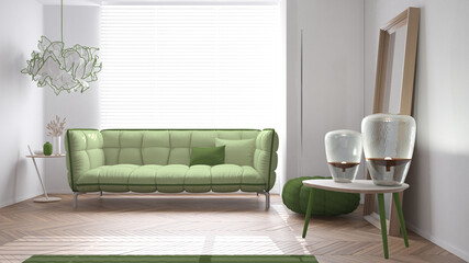 Modern bright minimalist living room in green tones, soft sofa with pillows and pouf, parquet, wooden tables with lamps,big window, carpet and decors, interior design idea