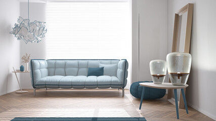 Modern bright minimalist living room in blue tones, soft sofa with pillows and pouf, parquet, wooden tables with lamps,big window, carpet and decors, interior design idea