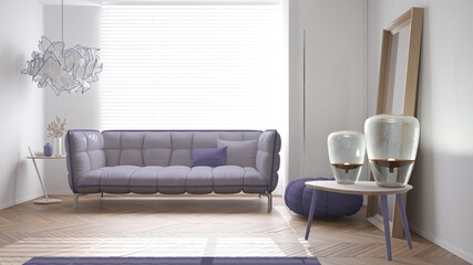 Modern bright minimalist living room in violet tones, soft sofa with pillows and pouf, parquet, wooden tables with lamps,big window, carpet and decors, interior design idea