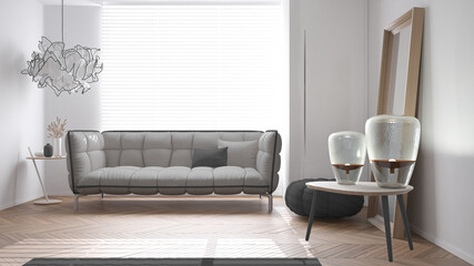 Modern bright minimalist living room in gray tones, soft sofa with pillows and pouf, parquet, wooden tables with lamps,big window, carpet and decors, interior design idea