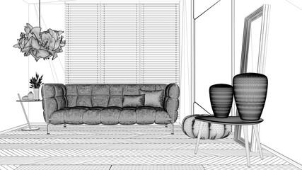 Blueprint sketch draft, design concept, architect designer project, modern bright minimalist living room, sofa with pillows and pouf, parquet, carpet, interior design idea
