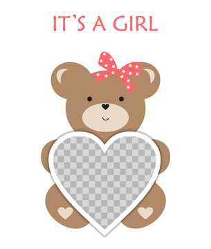 Bear with heart shape photo frame. Baby shower invitation card with the text it's a girl. Insert your photo into collage. Baby girl photo frame template. Cartoon vector illustration.