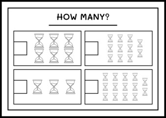 How many Hourglass, game for children. Vector illustration, printable worksheet