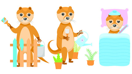 Set Abstract Collection Flat Cartoon Different Animal Otters Paints The Fence,  Sick With A Thermometer, Watering Plants From A Watering Can Vector Design Style Elements Fauna Wildlife