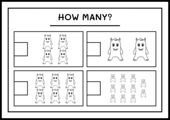 How many Monster, game for children. Vector illustration, printable worksheet
