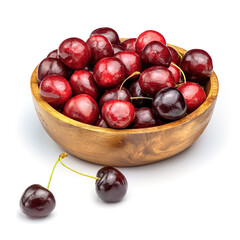Fresh sweet cherries in wooden bowl isolated on white background. Cherry on white background.