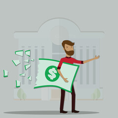 Flat design of  business finance,Young man holding a torn paper money - vector