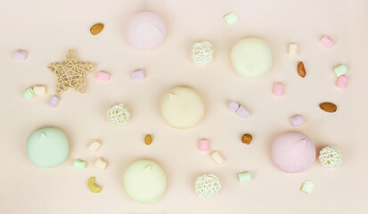 Food background. Marshmallow looks like macaroons on a pastel background, top view, flat lay, minimalist trend. Top view, flat lay.