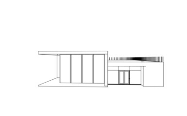 Modern flat roof house or commercial building in  drawing style. Minimalist black linear sketch isolated on white background. Vector illustration