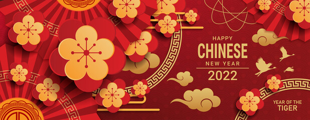 Fototapeta happy chinese new year 2022 banner design. year of the tigel. vector illustration obraz