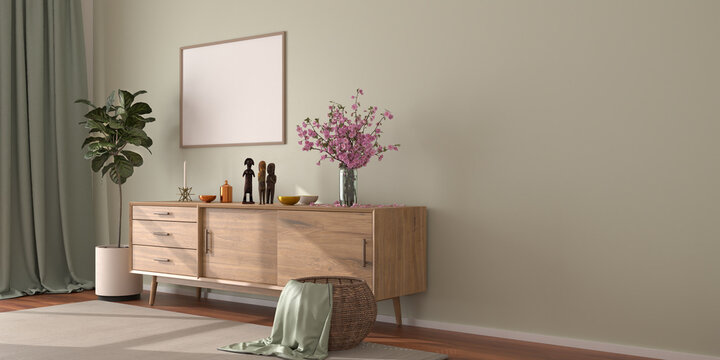 Interior scene: frame mockup, wooden sideboard with cherry flowers, bowls and a candle on top. Wicker basket and carpet on hardwood floor. 3d render - web banner size with plenty of copy space