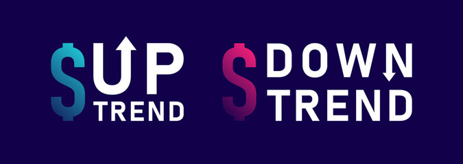 Dollar up and down trend with arrows. Logo design. Stock exchange concept. Trader profit and loss. Vector illustration
