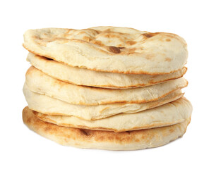 Loaves of delicious fresh pita bread on white background