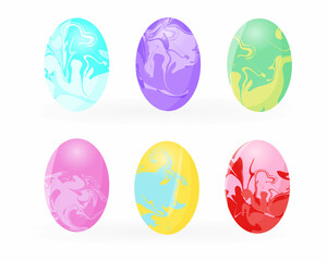 set of 6 colored Easter eggs decorated with marble abstract texture on a white background. Design elements for a greeting card. Vector illustration of a cartoon flat style