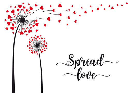 Spread love, dandelion with hearts, vector card