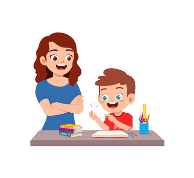 cute little boy study math with mother