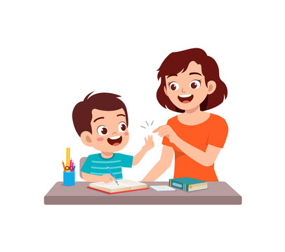 cute little boy study math with mother
