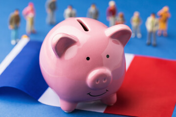 Piggy bank, French flag and plastic toy men on a colored background, concept on the theme of income...