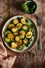 fried zucchini with basil pesto