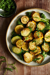 Fried zucchini with basil pesto