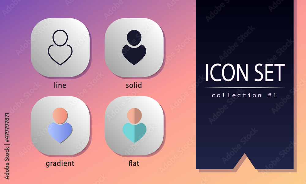Poster set of 4 icons in different styles - line, solid, gradient with shadow and flat. people signs for e-