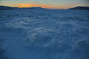 Ice of the Nagaevskaya Bay in the city of Magadan.